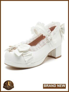 Kawaii Bow Mary Jane Heels Lolita Platform Chunky Heel Pumps Faux Leather